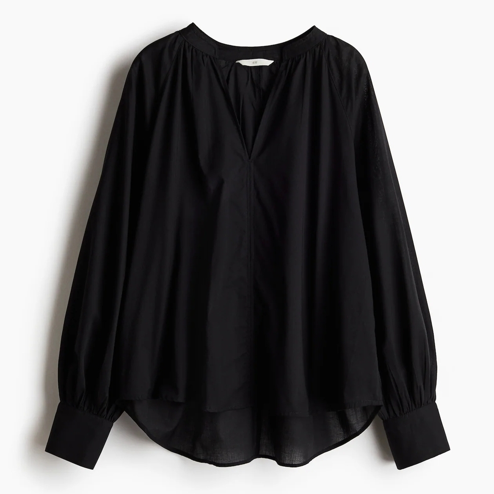 H&M Black Pullover Balloon Sleeved V Neck Blouse Top Size 14
